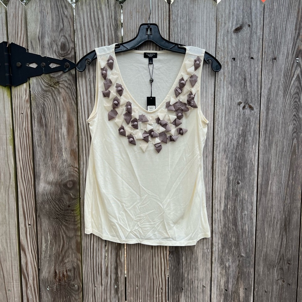 TALBOTS Cream and Taupe Decorative Tank Shell Women’s Small Petite NWT NEW